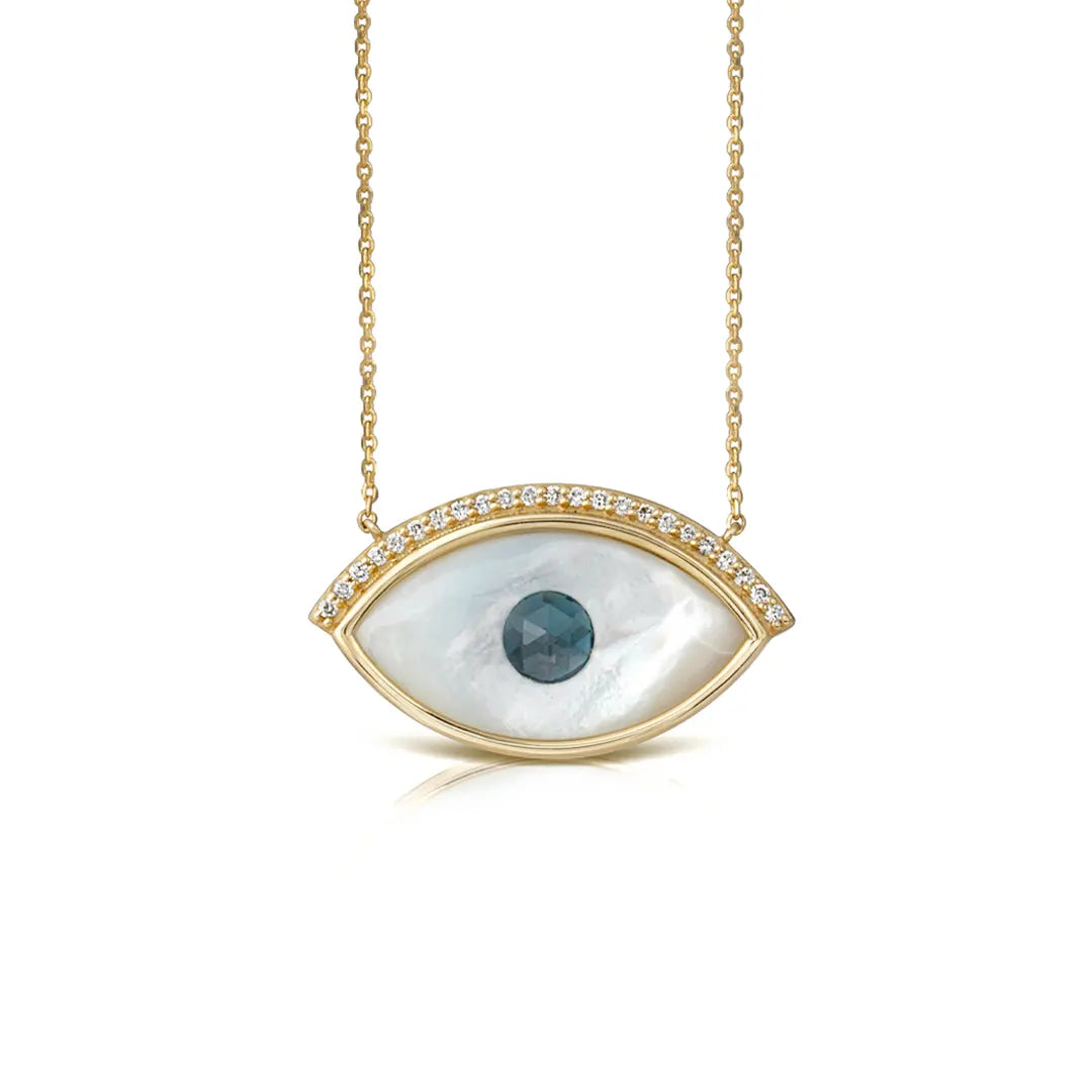 White and Blue Evil Eye 14K Gold Necklace with Diamonds
