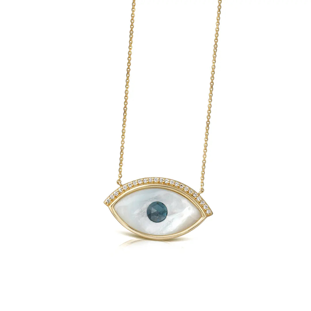 White and Blue Evil Eye 14K Gold Necklace with Diamonds
