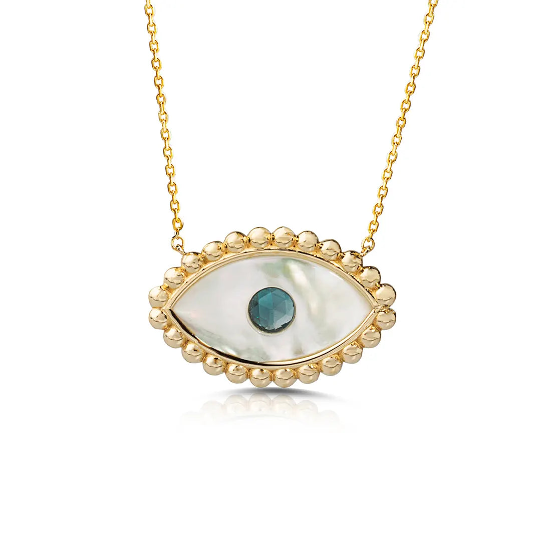 White and Blue Evil Eye Necklace with Gold Dots