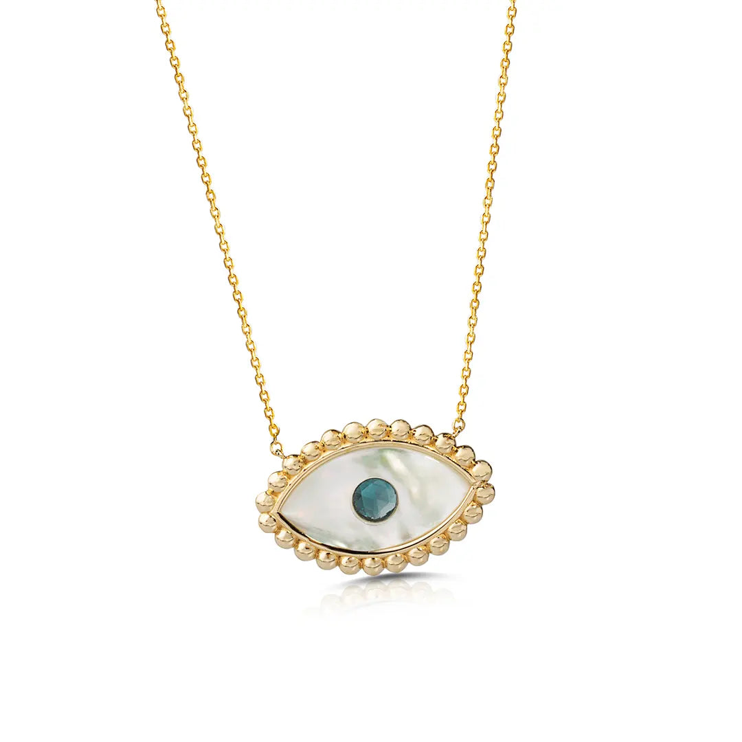 White and Blue Evil Eye 14K Gold Necklace with Gold Dots