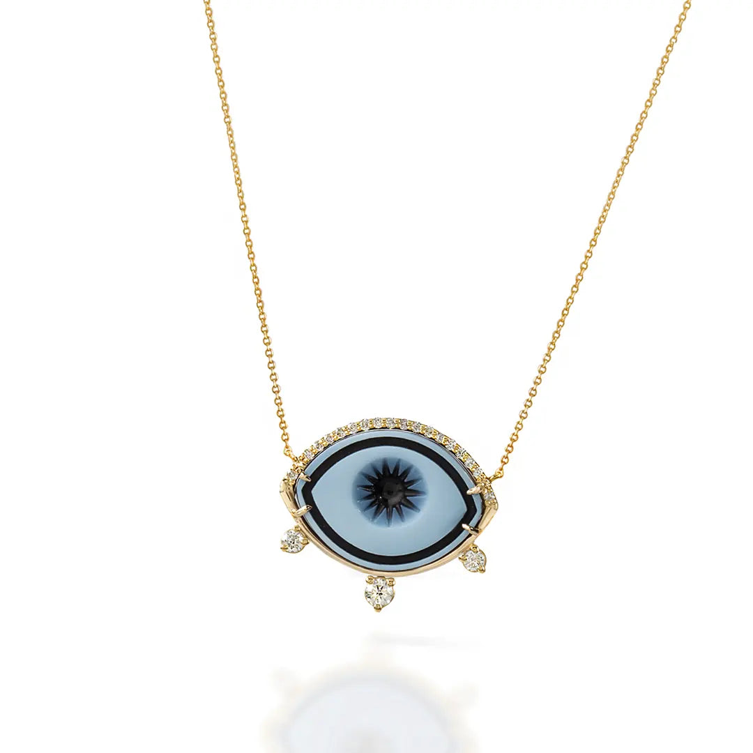 Cycladic Talisman 14K Gold Necklace with Cameo Eye and 3 Diamonds