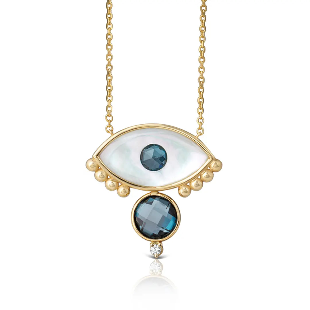 White and Blue Evil Eye Necklace with Gold Dots