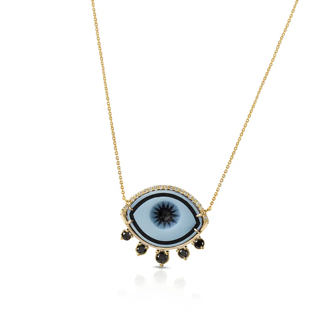 Cycladic Talisman 14K Gold Necklace with Cameo Eye and 5 Black Diamonds