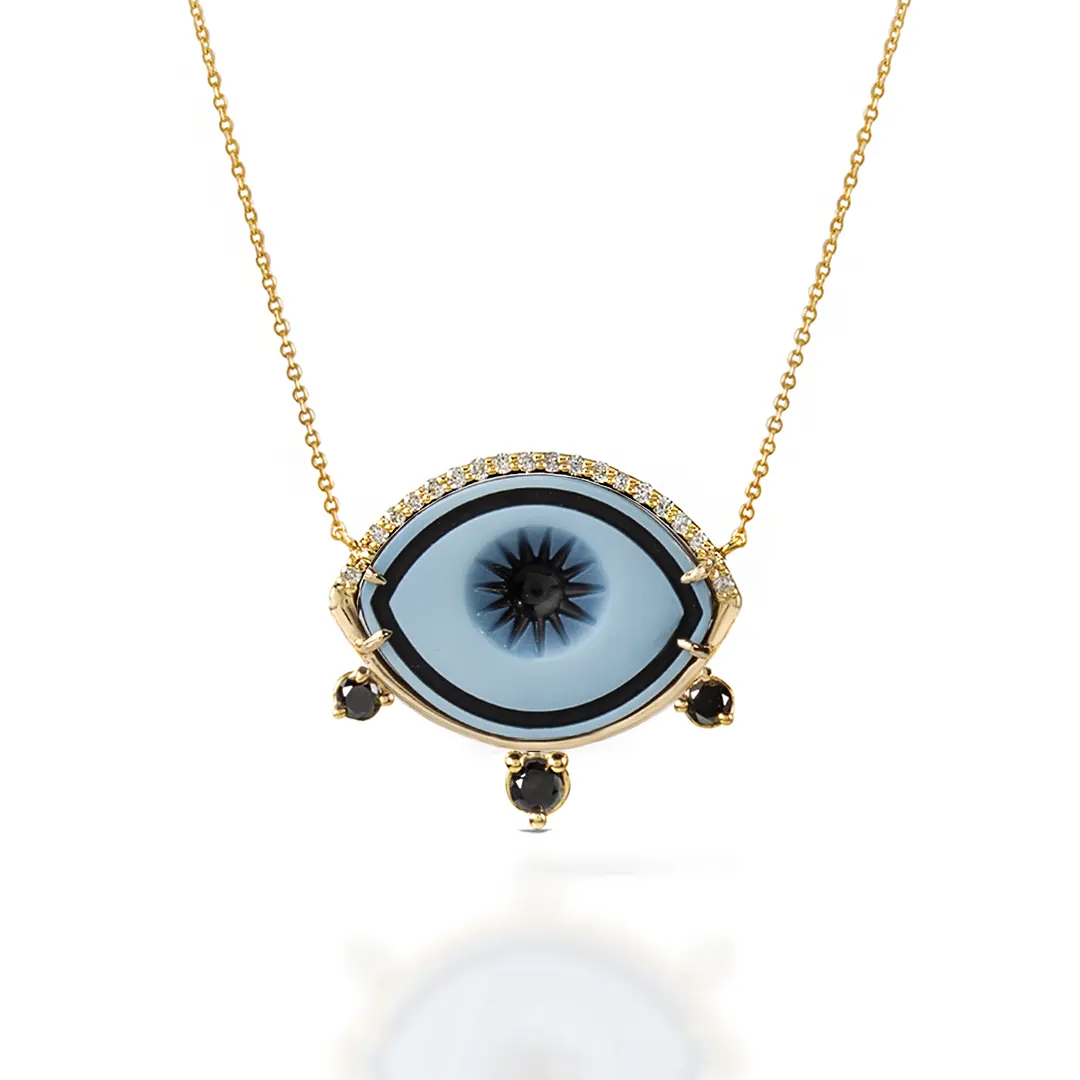 Cycladic Talisman 14K Gold Necklace with Cameo Eye and 3 Black Diamonds