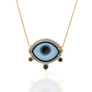 Cycladic Talisman 14K Gold Necklace with Cameo Eye and 3 Black Diamonds