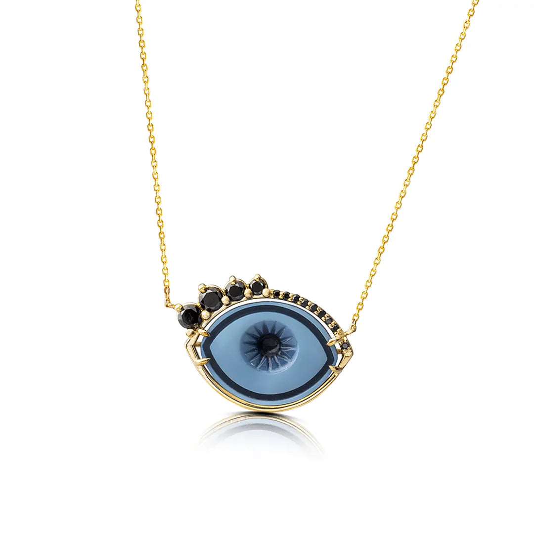Cycladic Talisman 14K Gold Necklace with Cameo Eye and Black Diamond Lashes
