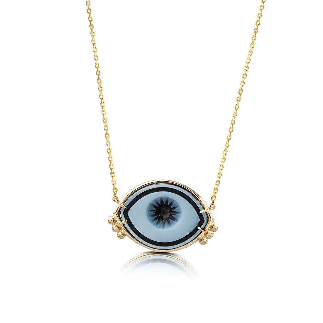 Cycladic Talisman 14K Gold Necklace with Cameo Eye and 6 Gold Dots