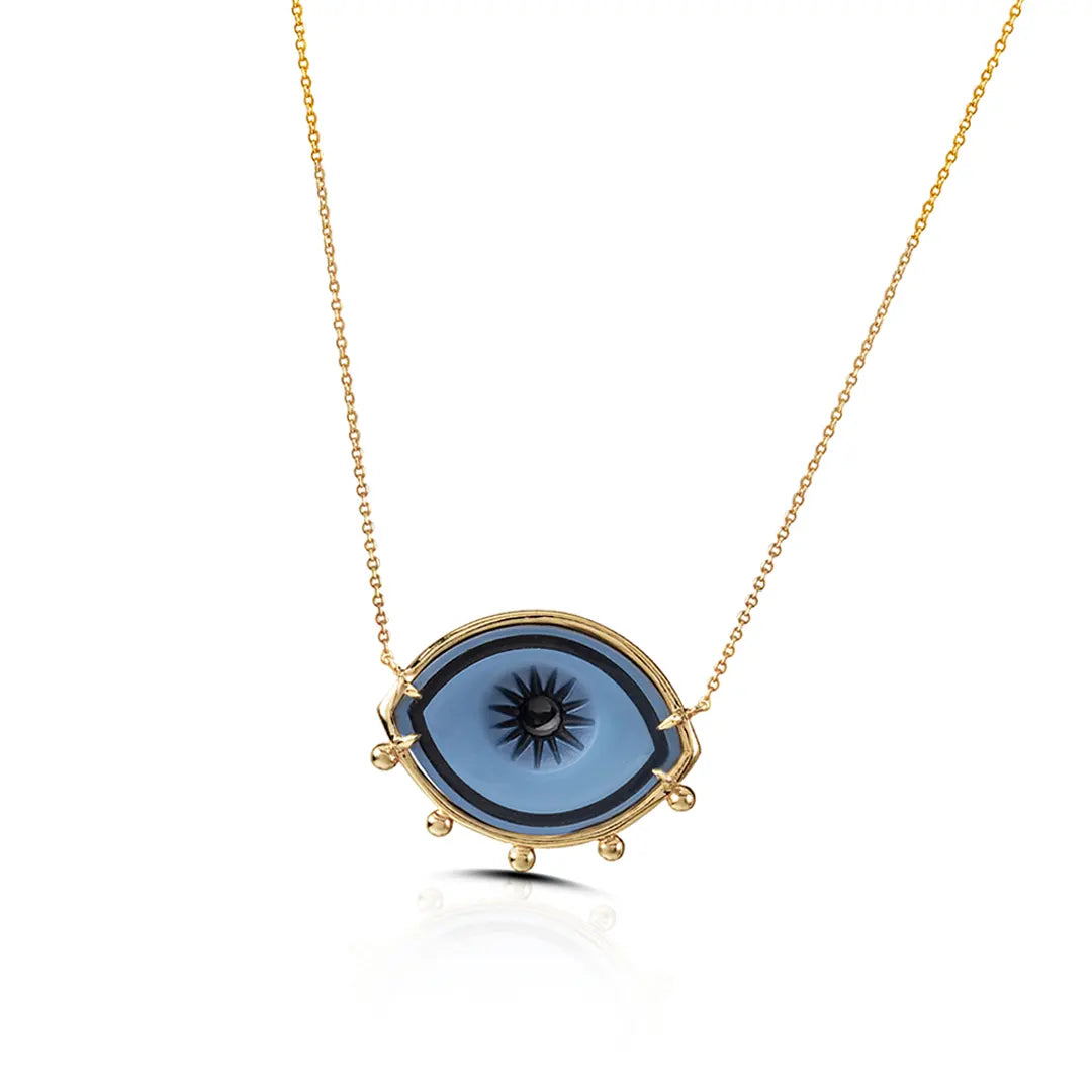Cycladic Talisman 14K Gold Necklace with Cameo Eye and 5 Gold Dots