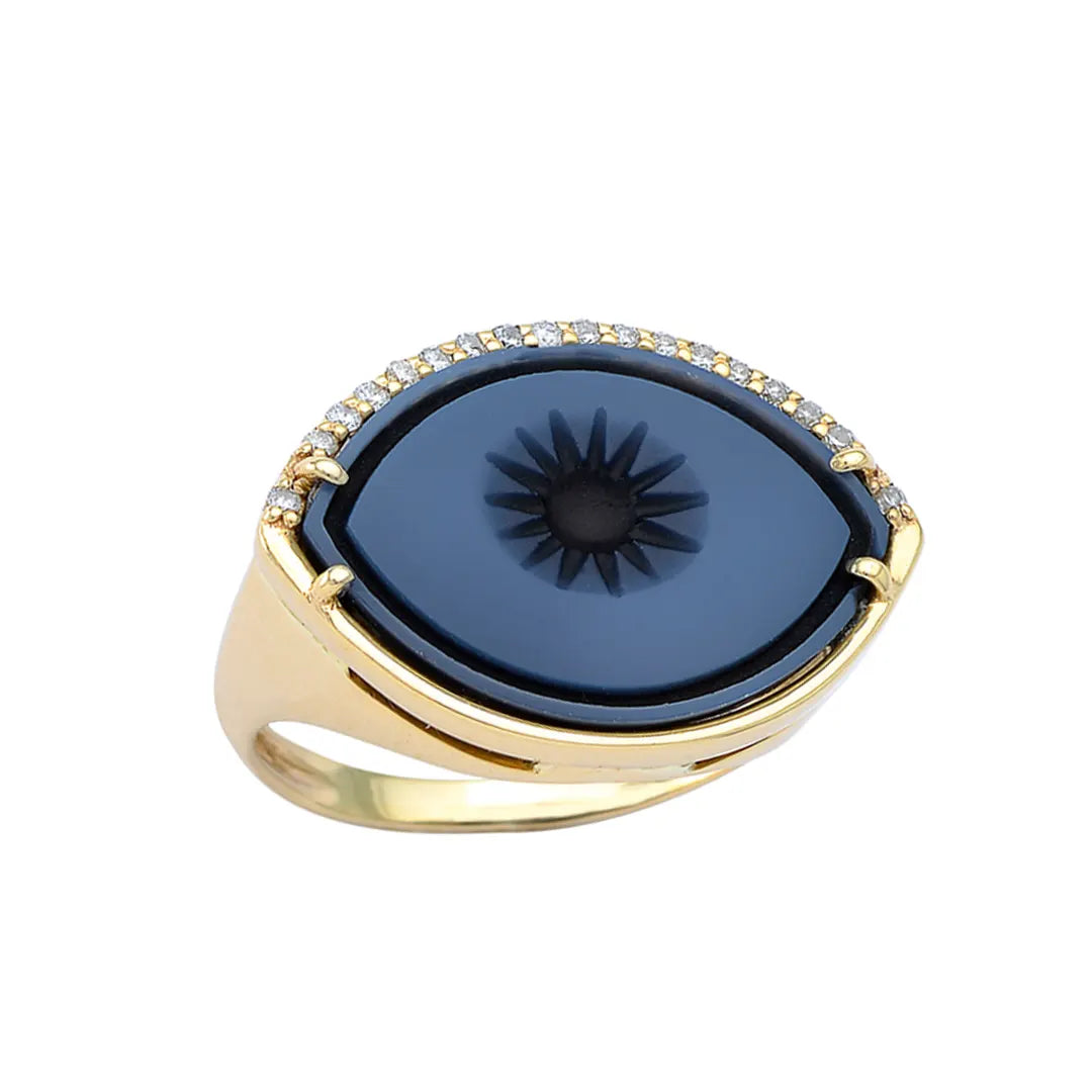 Cycladic Talisman 14K Gold Ring with Cameo Eye and Diamonds