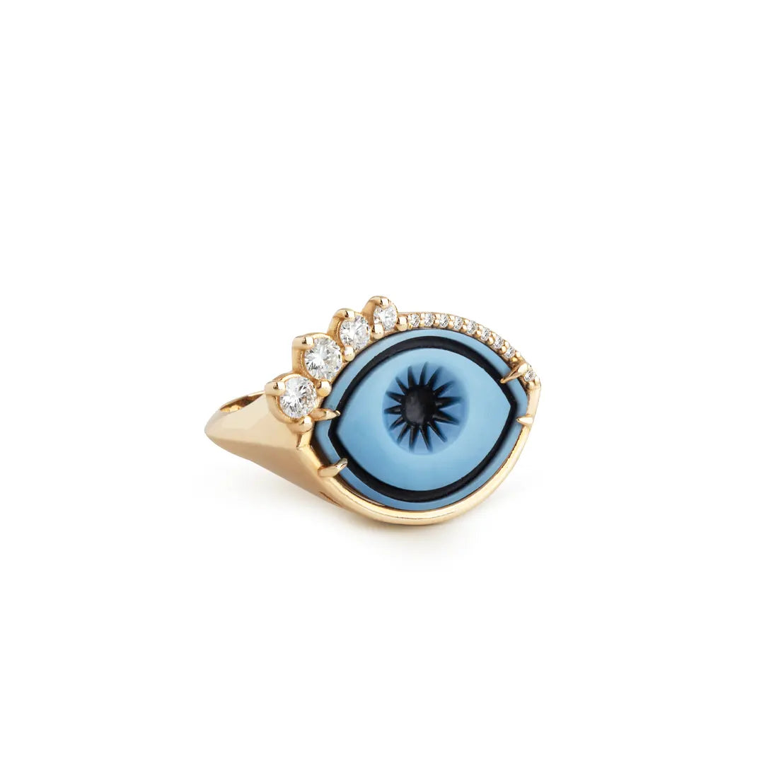 Cycladic Talisman 14K Gold Ring with Cameo Eye and Diamond Lashes
