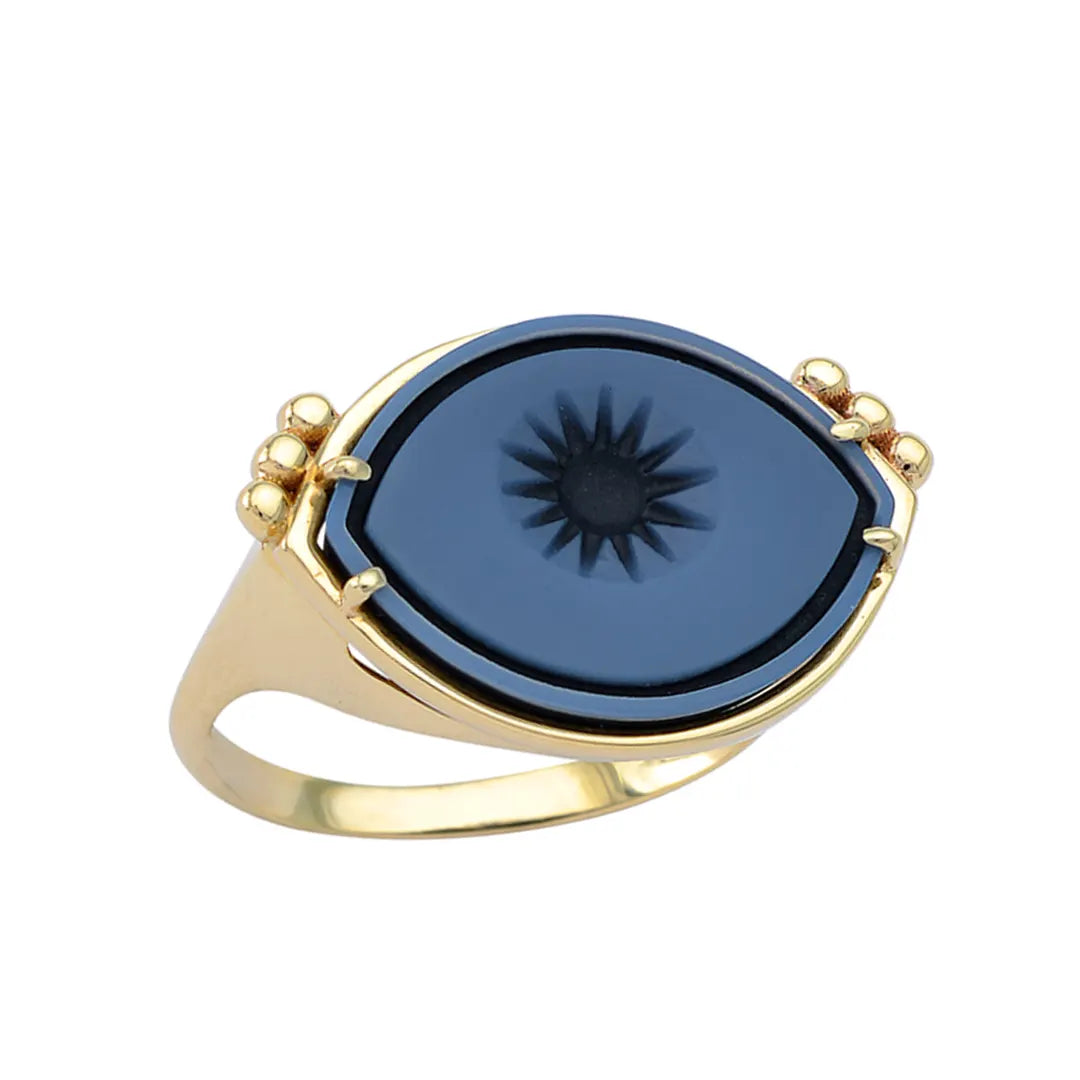 Cycladic Talisman 14K Gold Ring with Cameo Eye and 6 Gold Dots