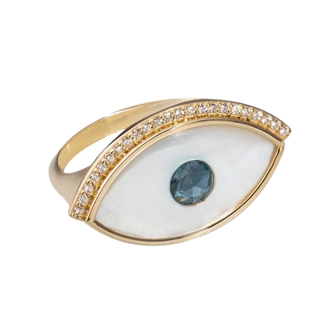 White and Blue Evil Eye 14K Gold Ring with Diamonds