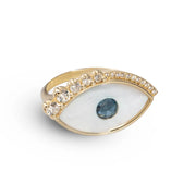 White and Blue Evil Eye 14K Gold Ring with Diamond Lashes