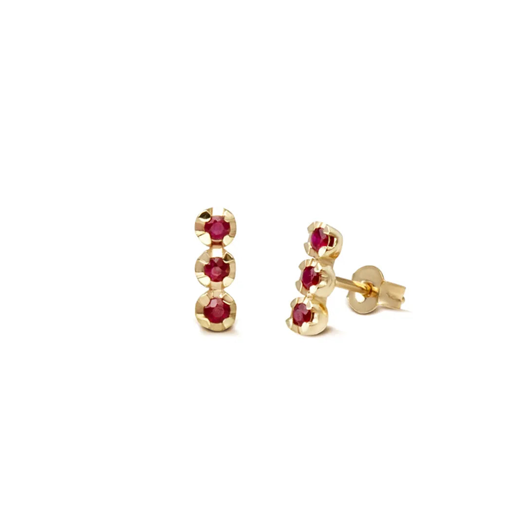 14K Gold Stud Earrings with three Rubies in line