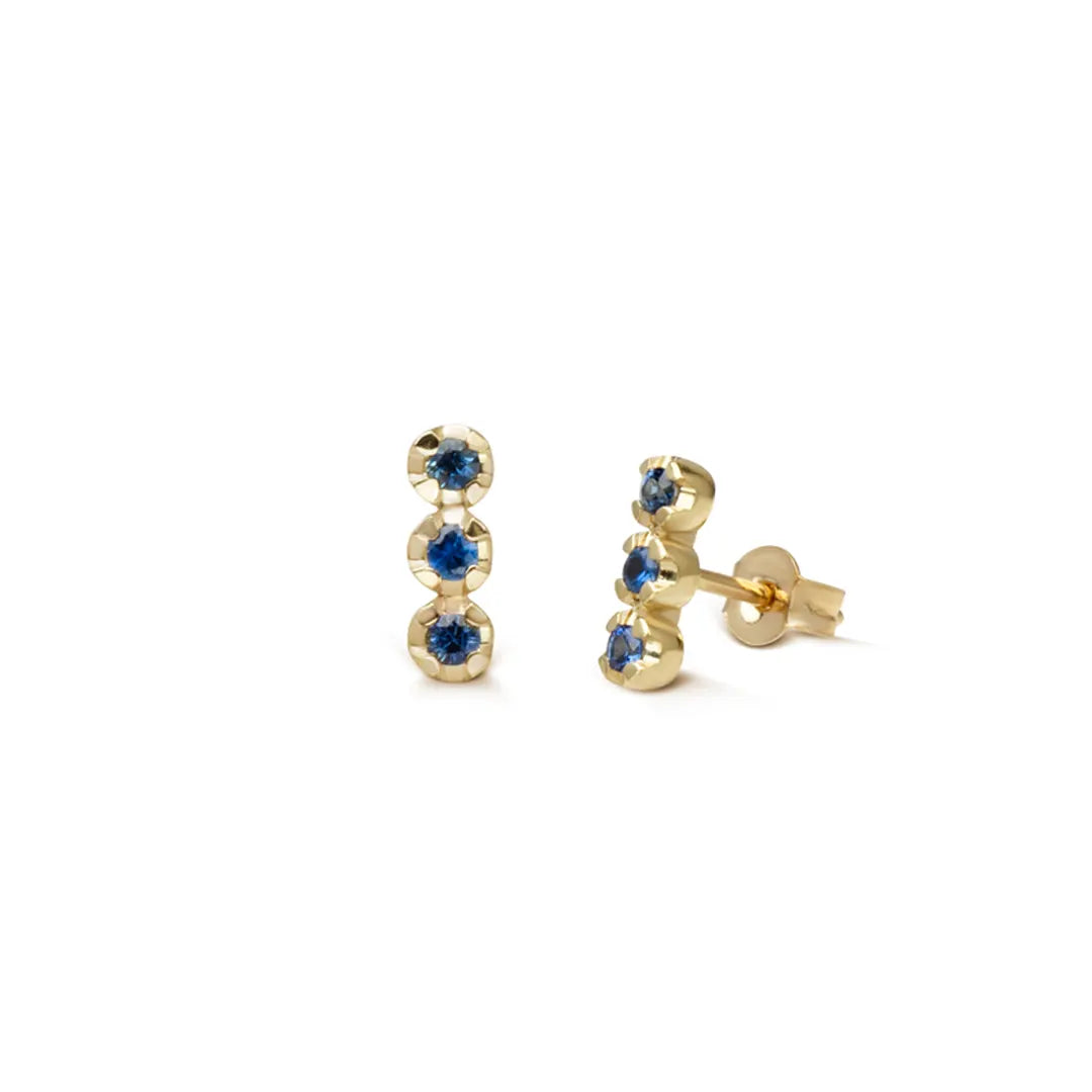 14K Gold Stud Earrings with three Sapphires in line