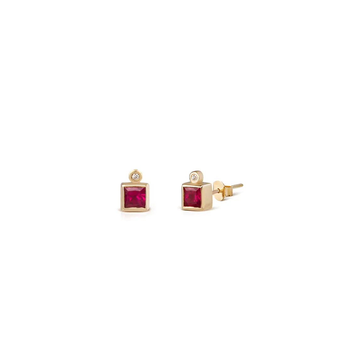 14K Gold Stud Solitair Ruby Princes Cut Earrings with a Tiny Diamond below