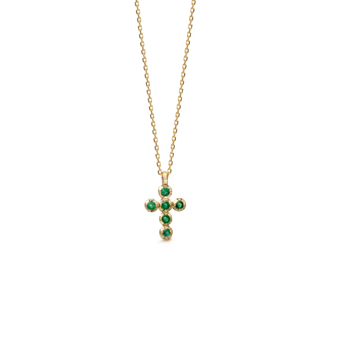 14K Gold Small Cross necklace with Emeralds