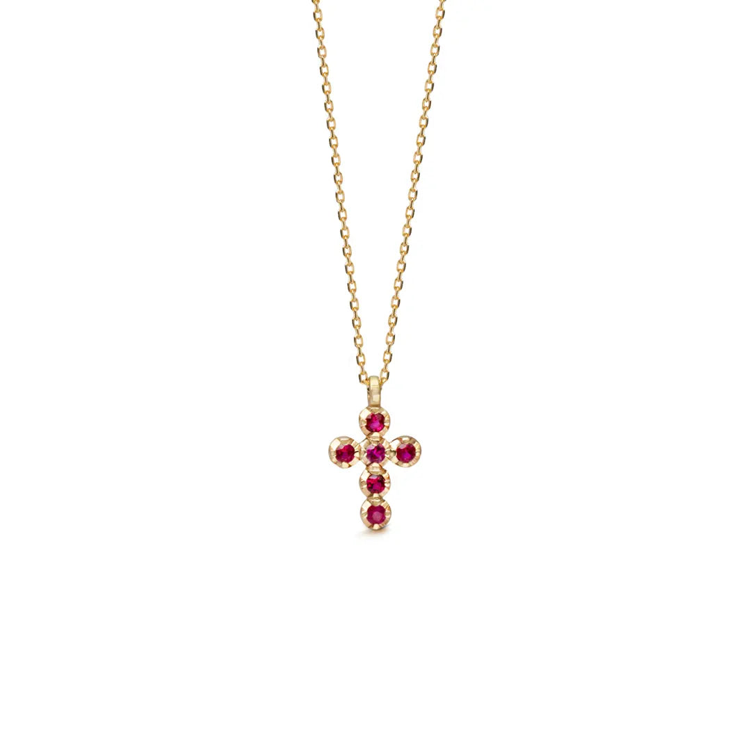 14K Gold Small Cross necklace with Rubies
