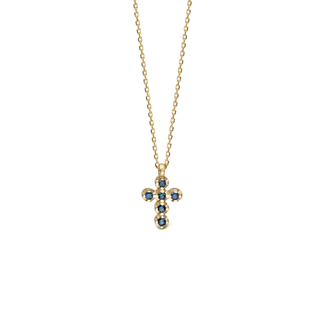 14K Gold Small Cross necklace with Sapphires