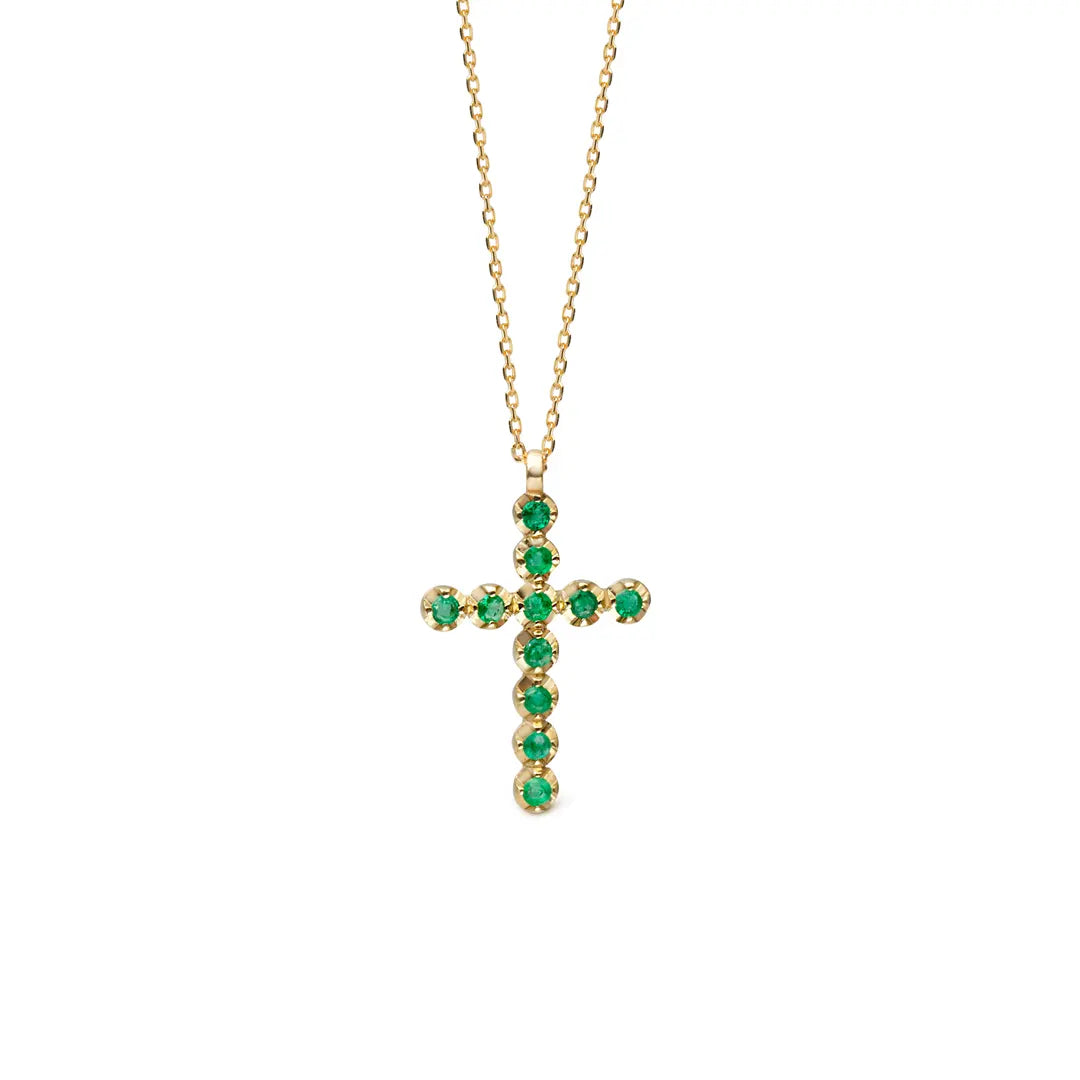 14K Gold Cross necklace with Emeralds