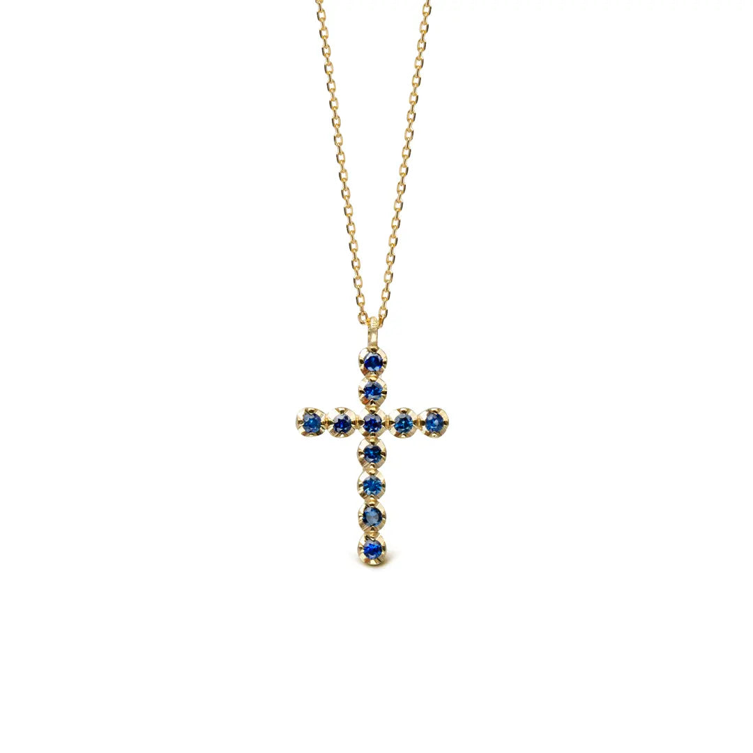 14K Gold Cross necklace with Sapphires