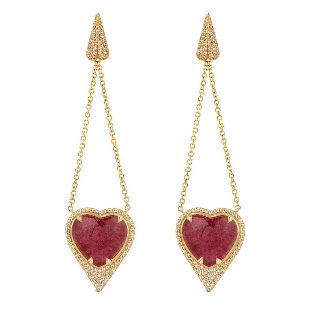 Heart Shaped Strawberry 14K Gold Long Earrings surrounded by Brown Diamonds