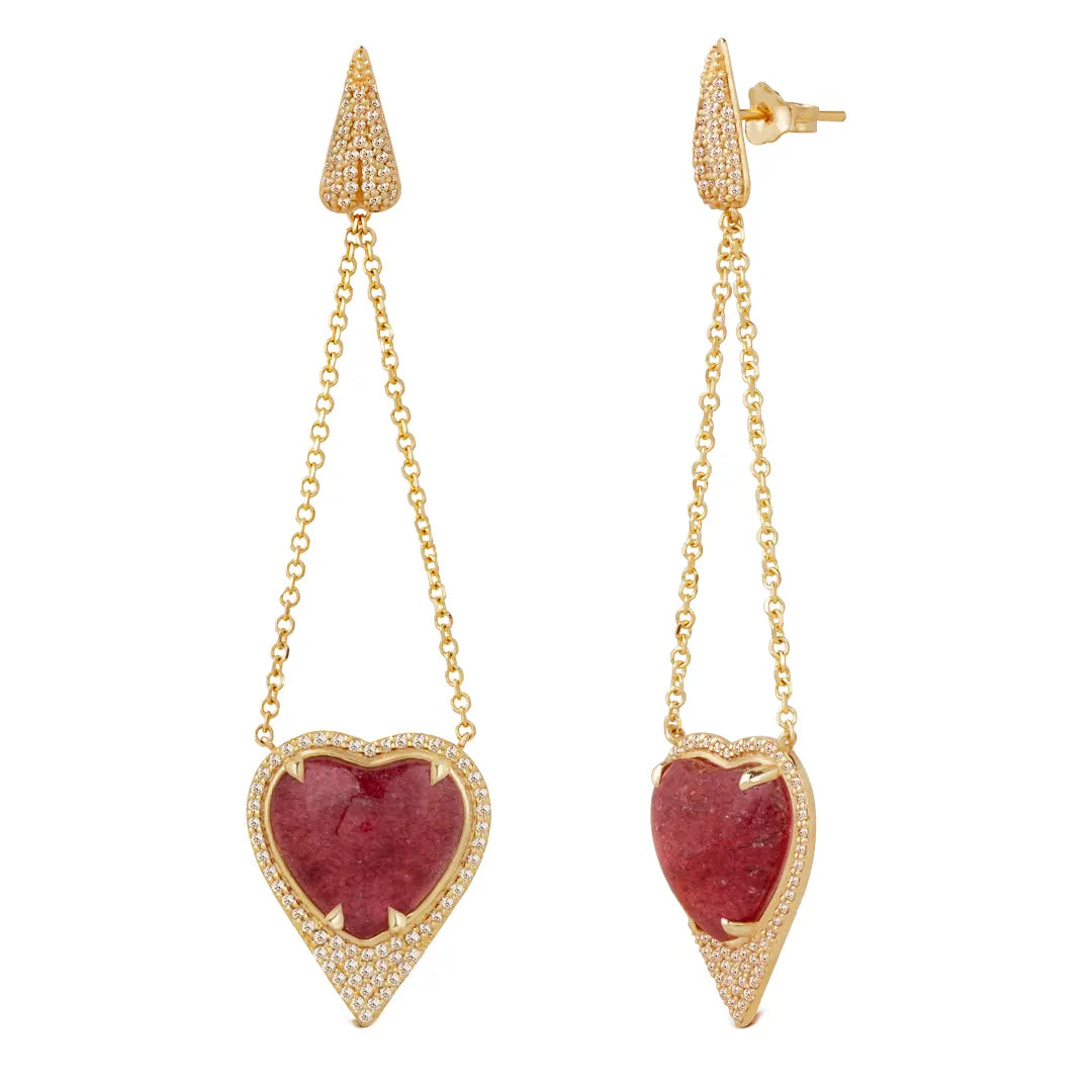 Heart Shaped Strawberry 14K Gold Long Earrings surrounded by Brown Diamonds