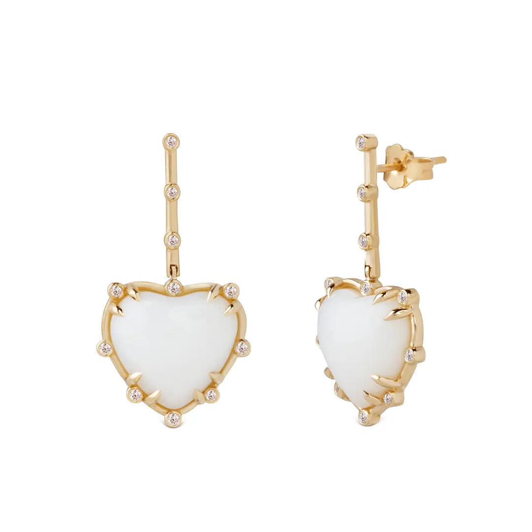 Heart Shaped White Agate 14K Gold hanging Earrings with Diamonds