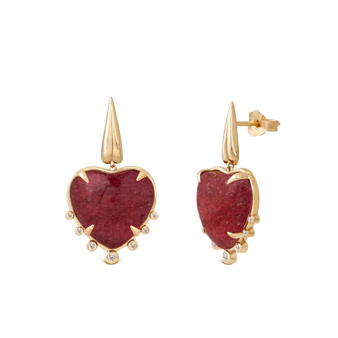 Heart Shaped Strawberry 14K Gold   Earrings with 7 Diamonds