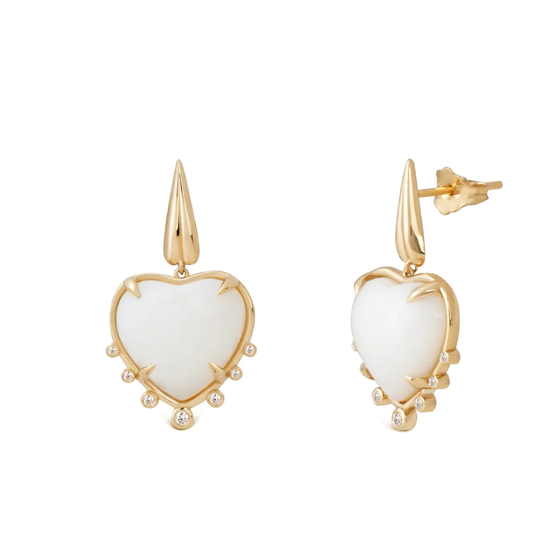 Heart Shaped White Agate 14K Gold  Earrings with 7 Diamonds
