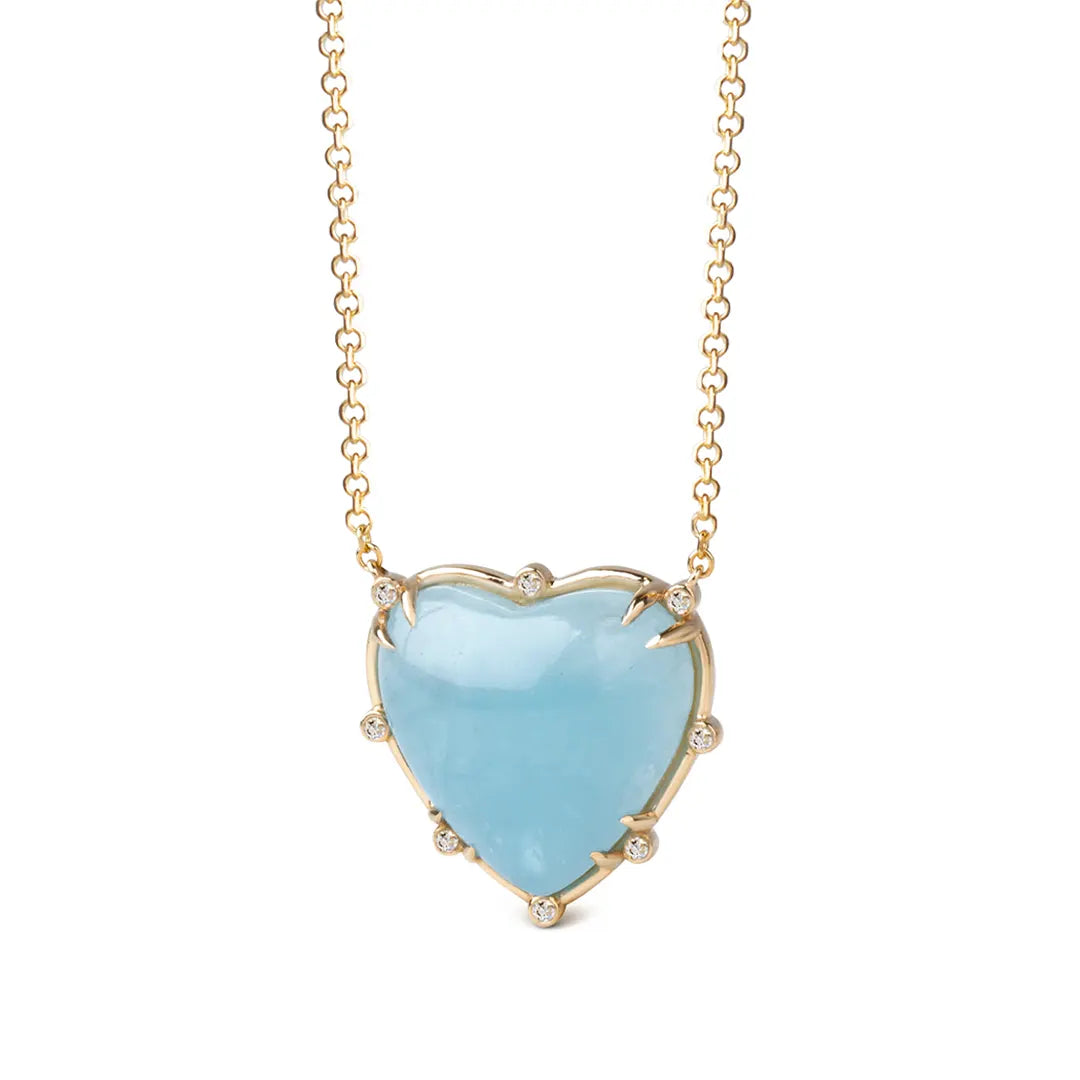 Big Heart Shaped Aquamarine 14K Gold Necklace with 8 Diamonds