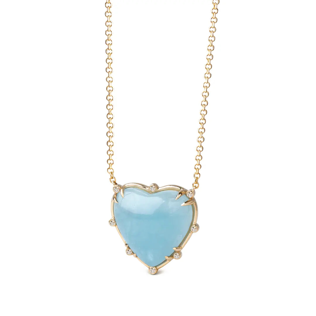 Big Heart Shaped Aquamarine 14K Gold Necklace with 8 Diamonds