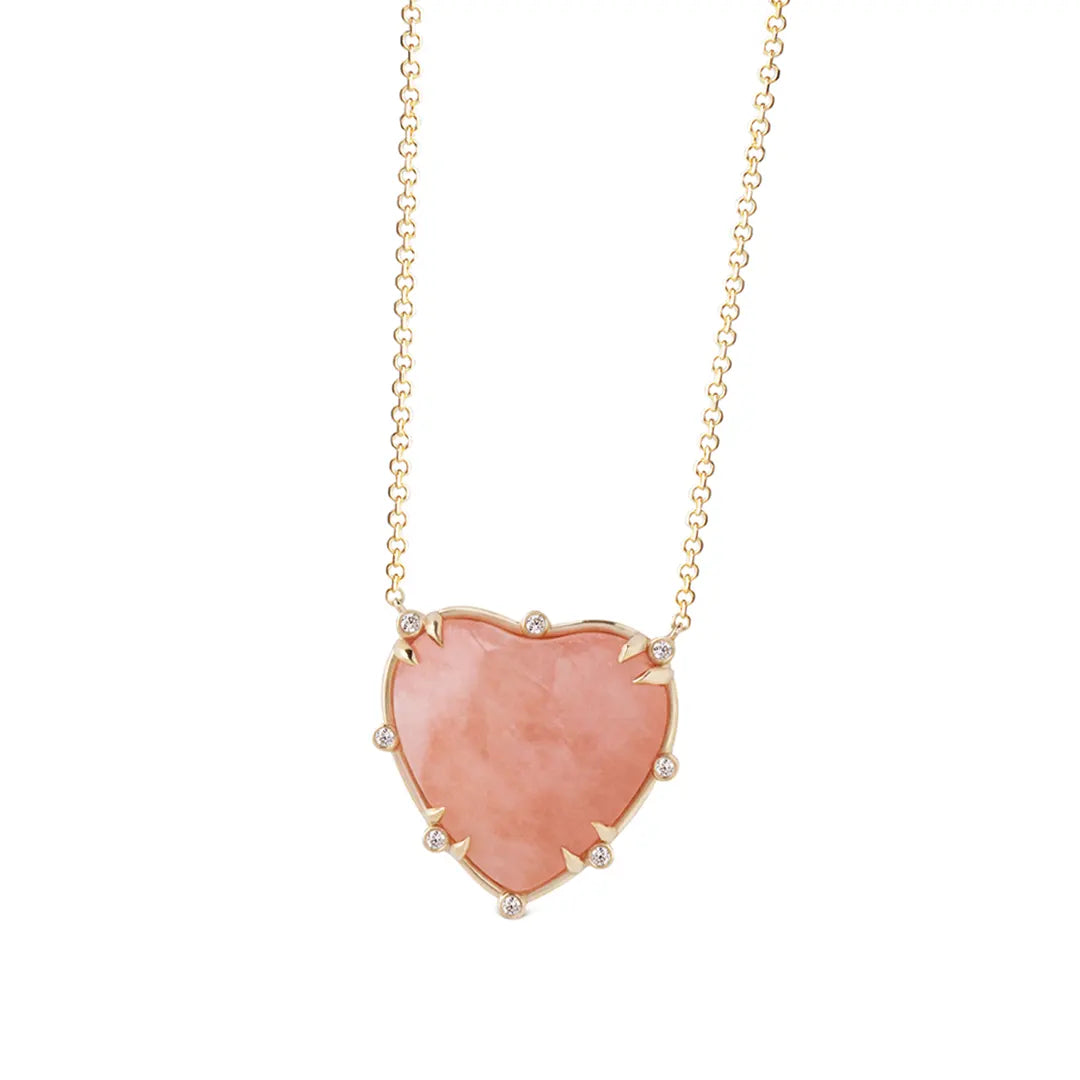 Big Heart Shaped Morganite 14K Gold Necklace with 8 Diamonds