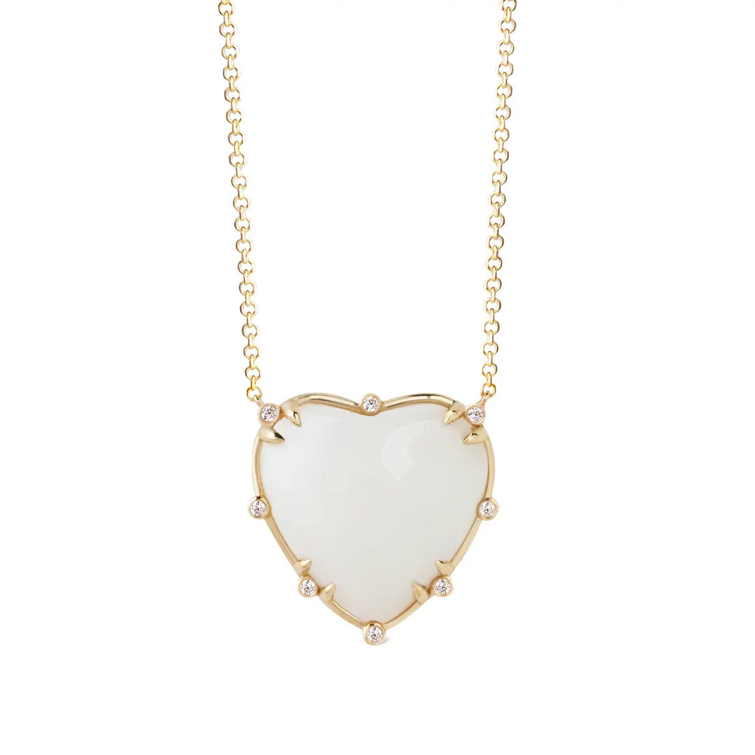 Big Heart Shaped White Agate 14K Gold Necklace with 8 Diamonds