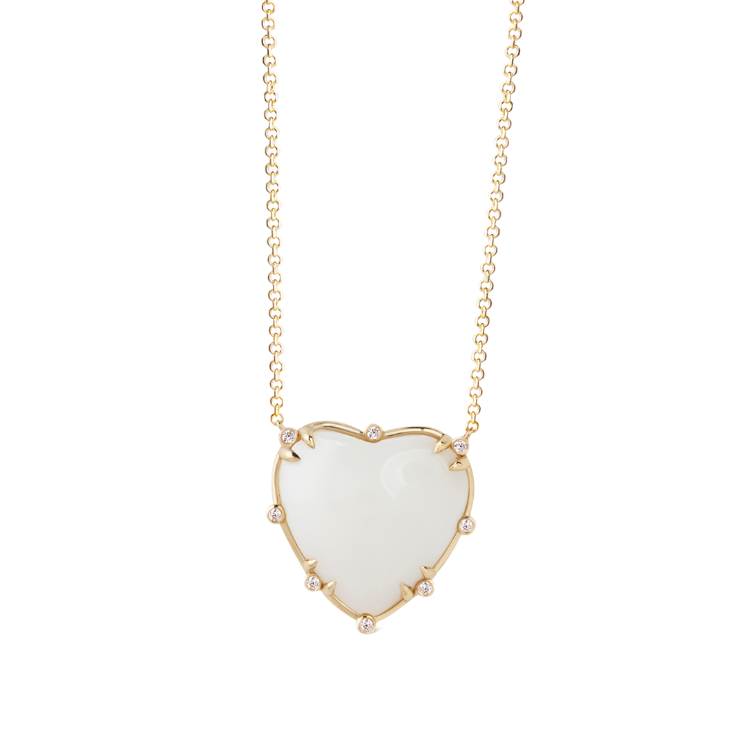 Small Heart Shaped White Agate 14K Gold Necklace with 8 Diamonds