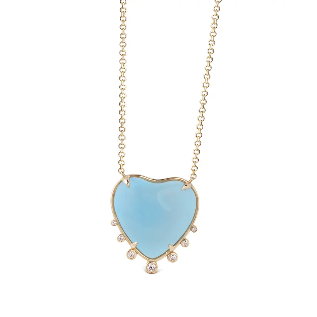 Big Heart Shaped Aquamarine 14K Gold Necklace with 7 Diamonds