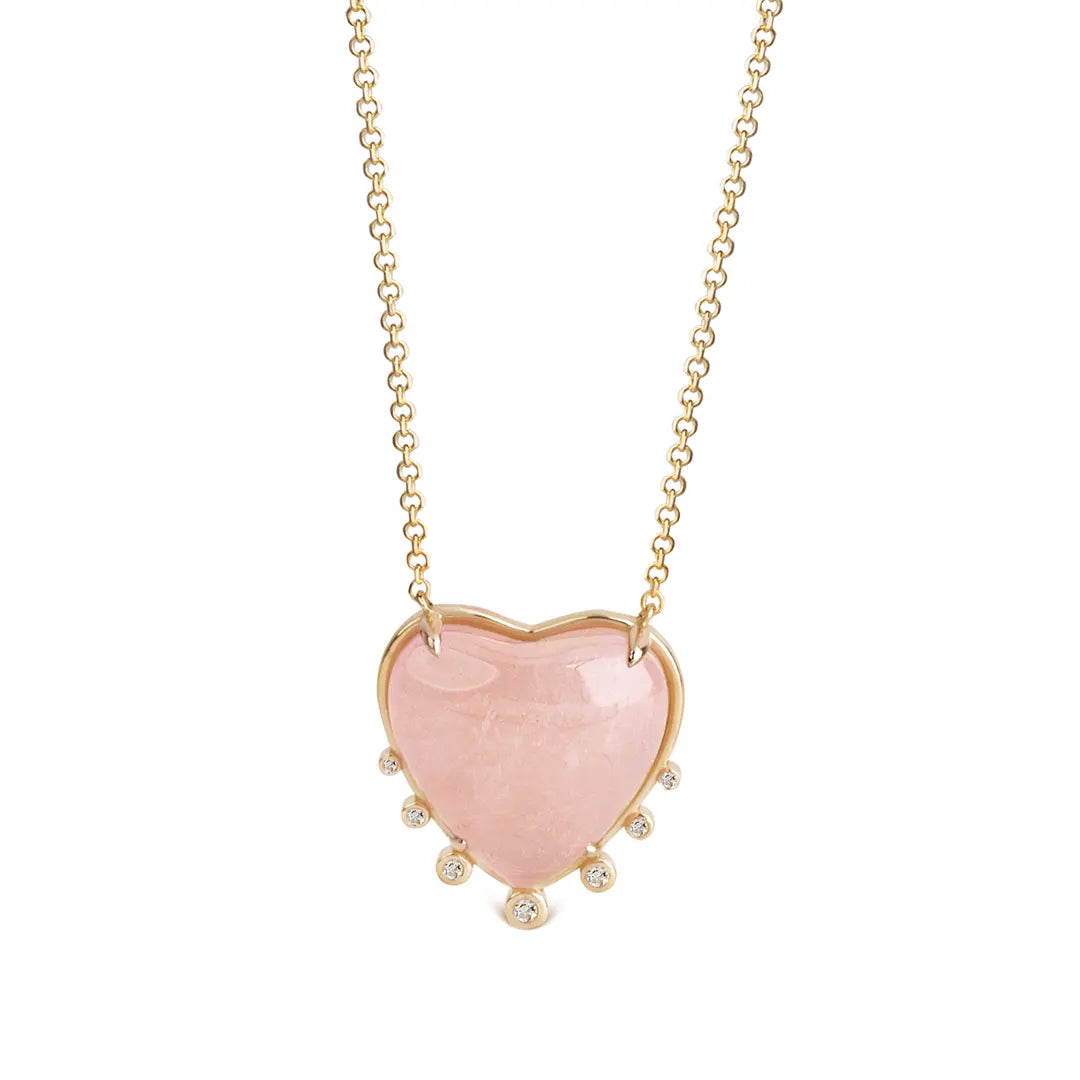 Big Heart Shaped Morganite 14K Gold Necklace with 7 Diamonds