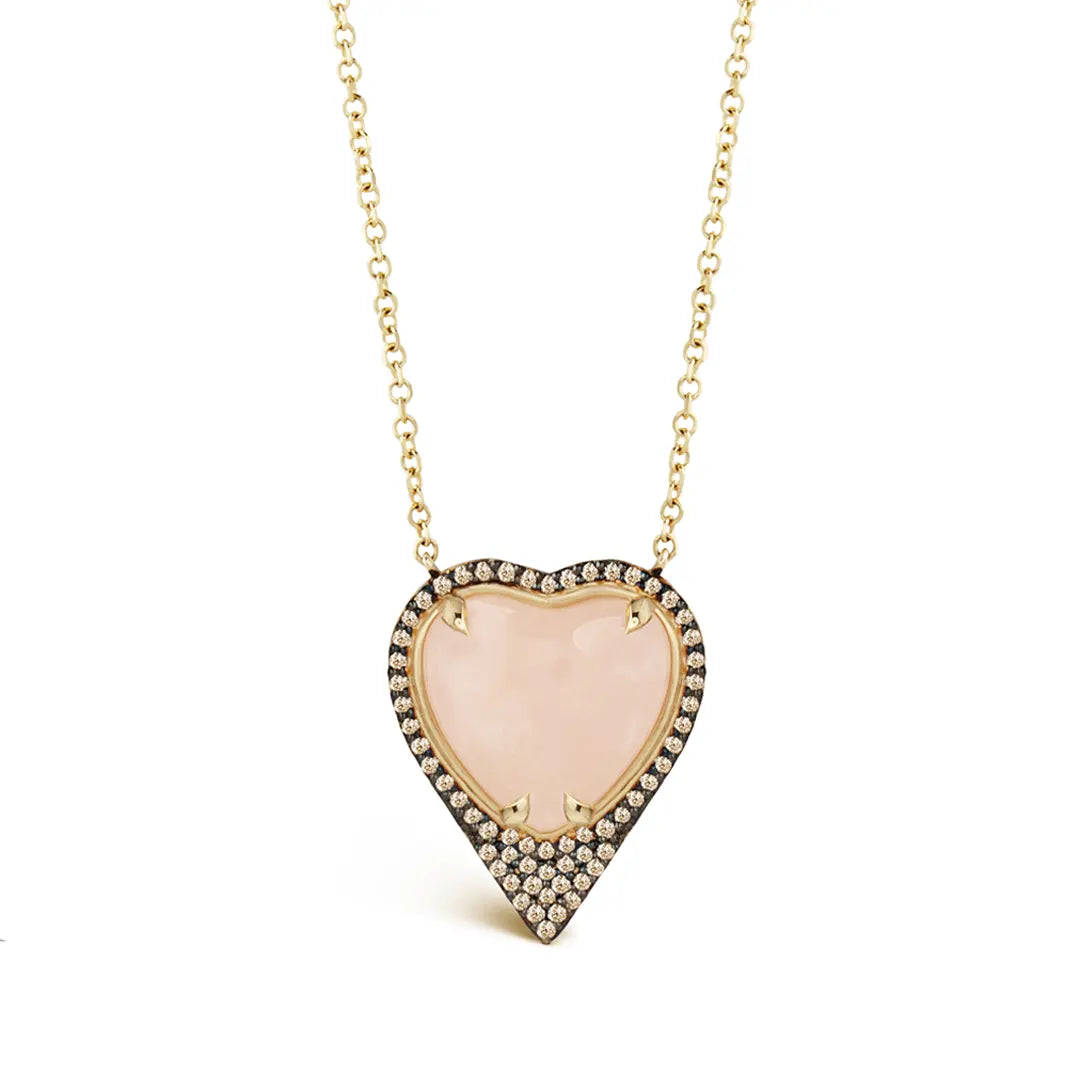14K Gold Heart-shaped Morganite Necklace framed with Brown Diamond