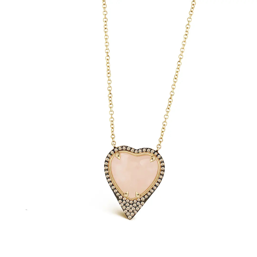 14K Gold Heart-shaped Morganite Necklace framed with Brown Diamond