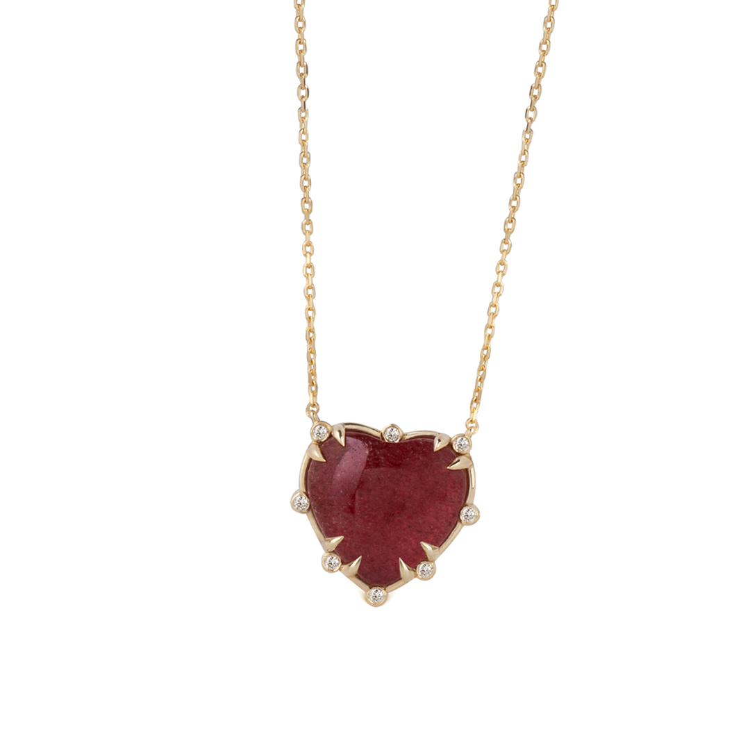 Small Heart Shaped Strawberry 14K Gold Necklace with 8 Diamonds