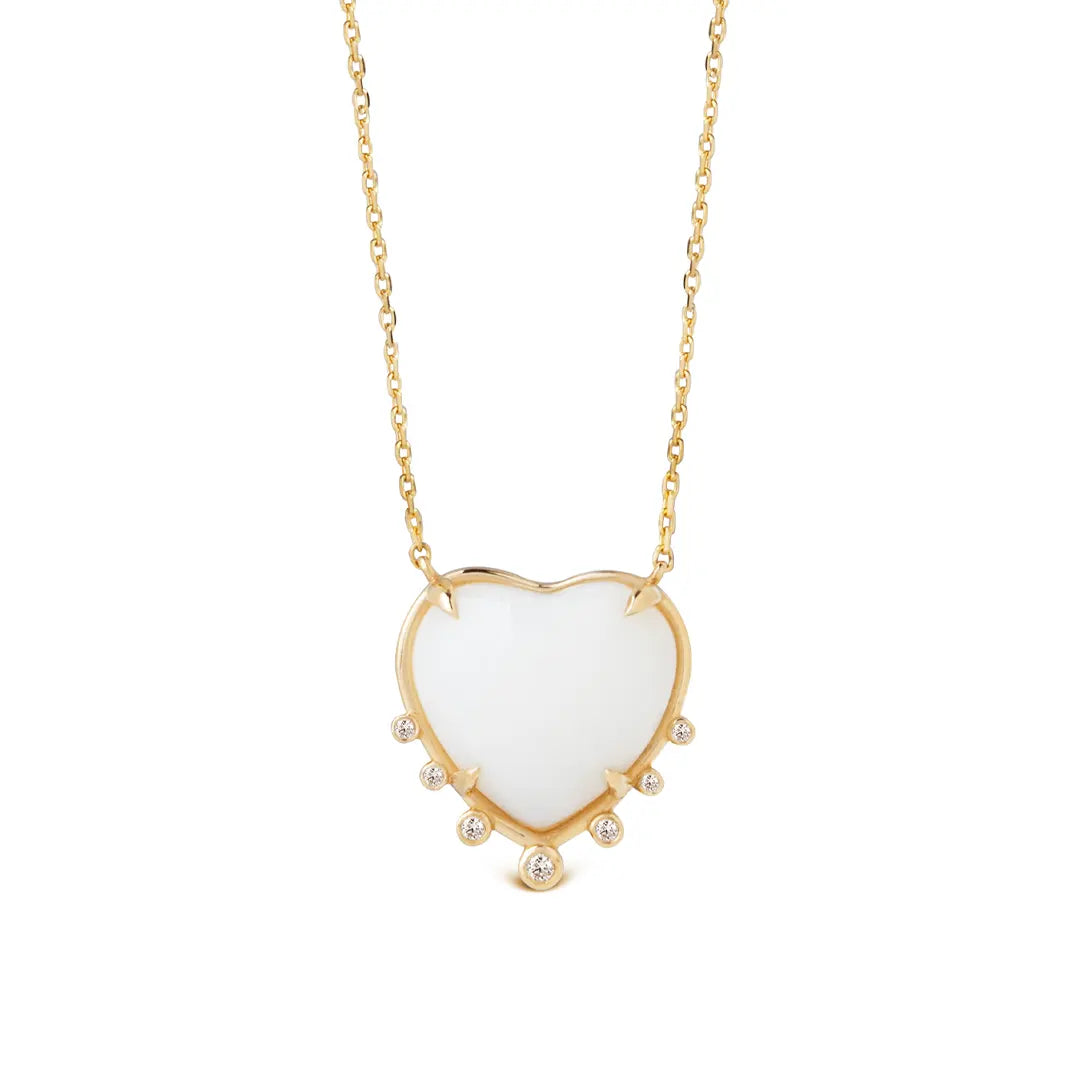 Small Heart Shaped White Agate 14K Gold Necklace with 7 Diamonds
