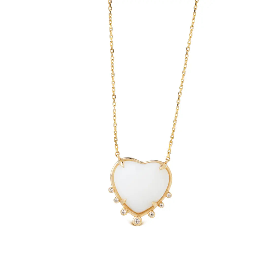 Small Heart Shaped White Agate 14K Gold Necklace with 7 Diamonds