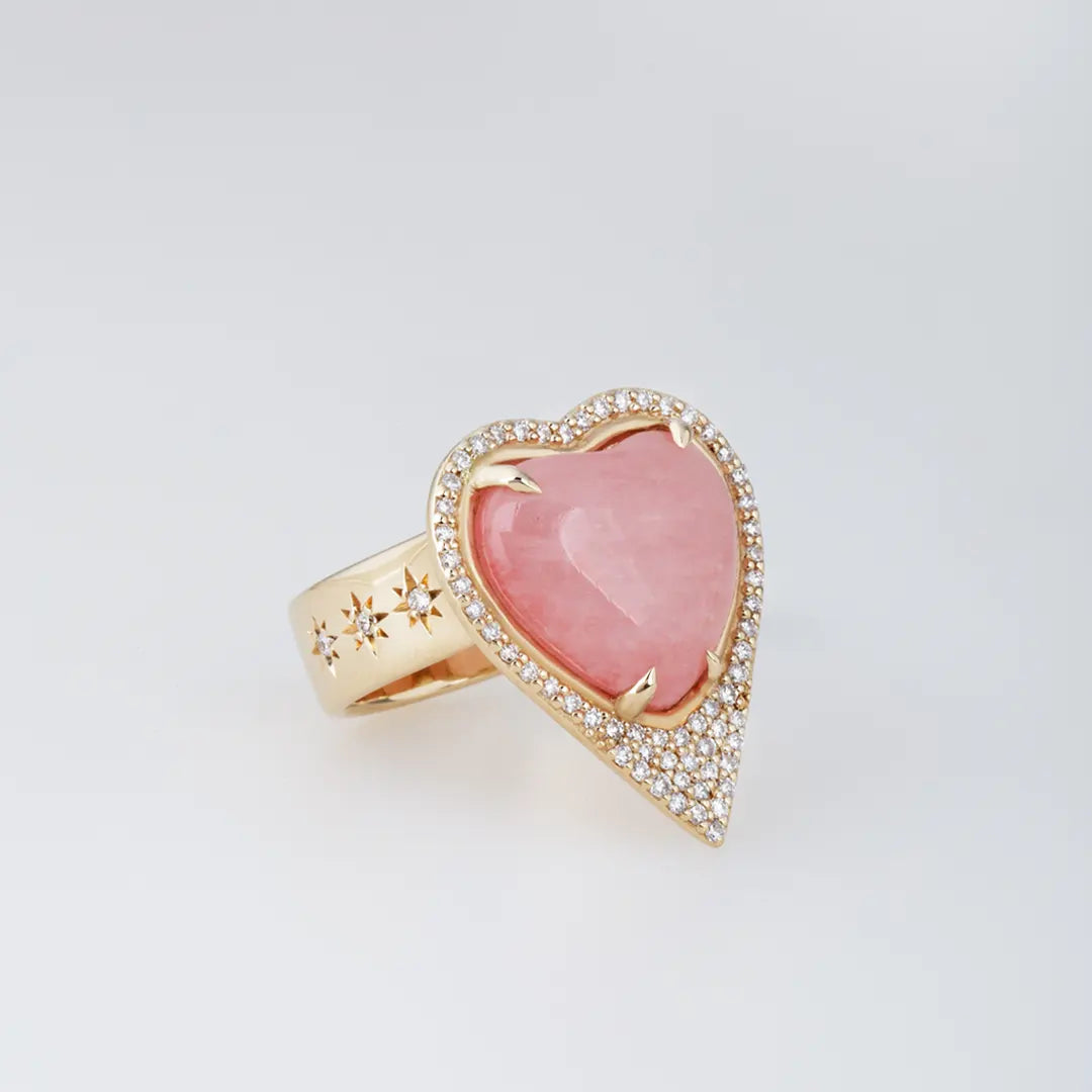 Morganite Heart Shaped, 14K Gold Thick Band Ring  surrounded by Brown Diamonds