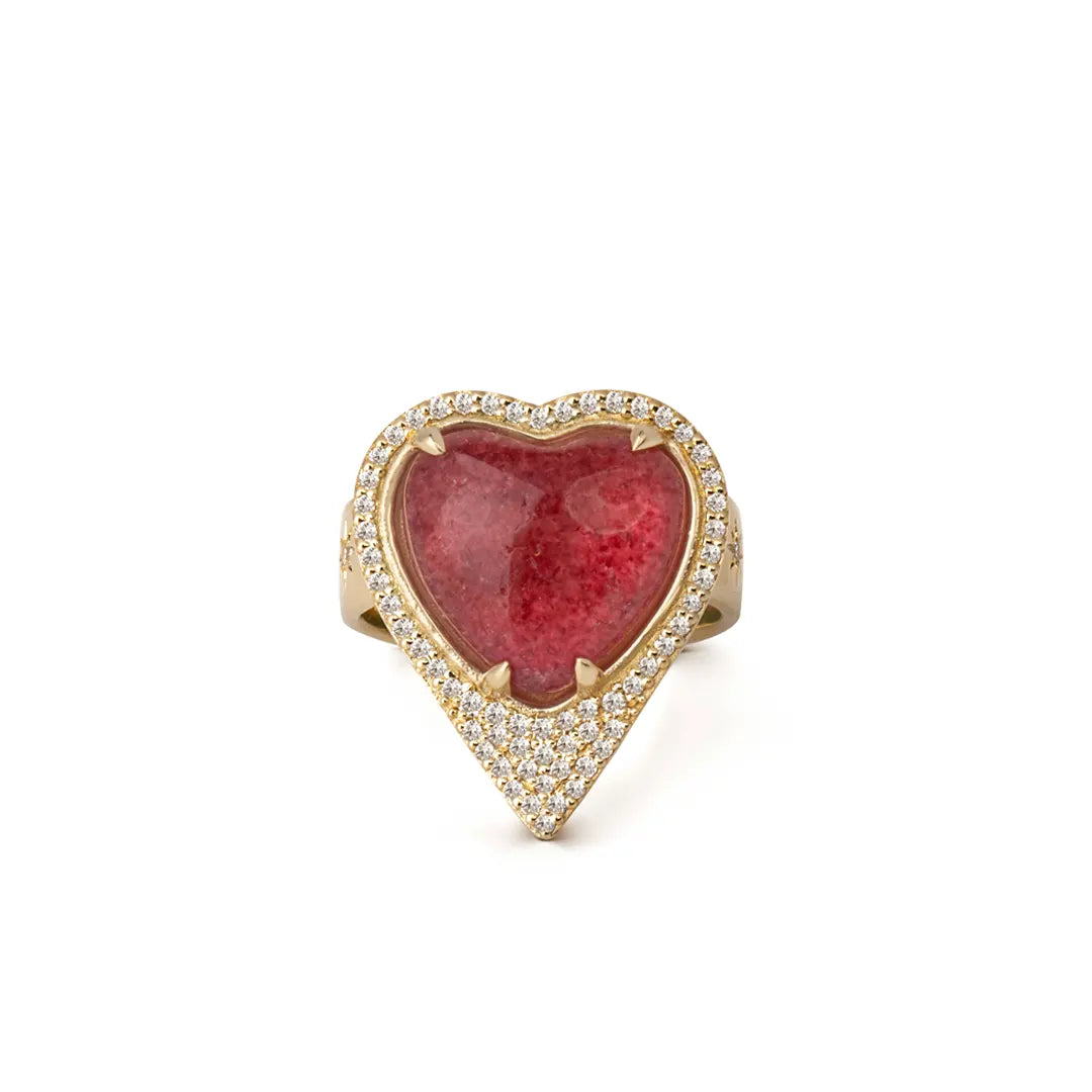 14K Gold Strawberry Heart-Shaped Thick Band Ring  surrounded by Brown Diamonds