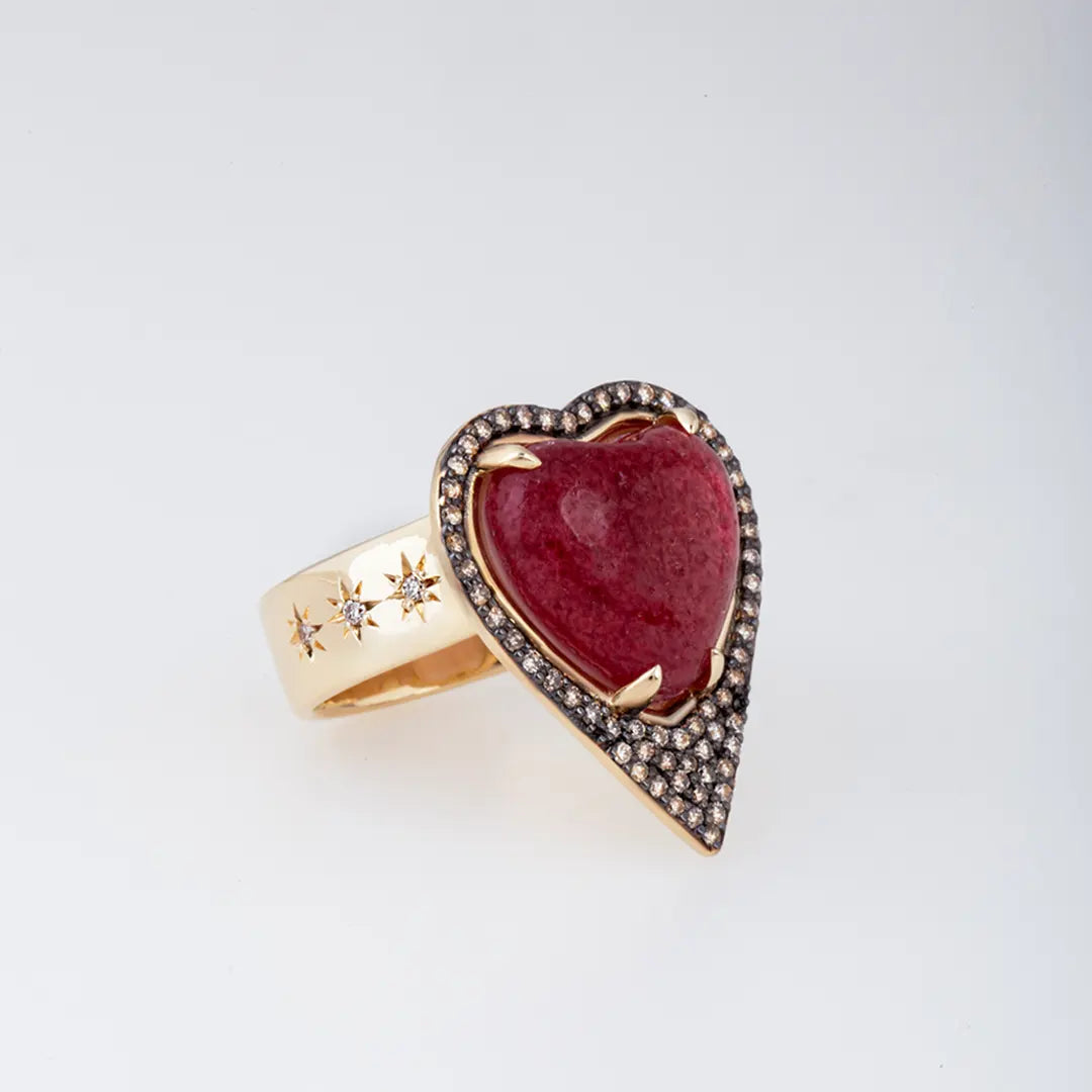14K Gold Strawberry Heart-Shaped Thick Band Ring  surrounded by Brown Diamonds