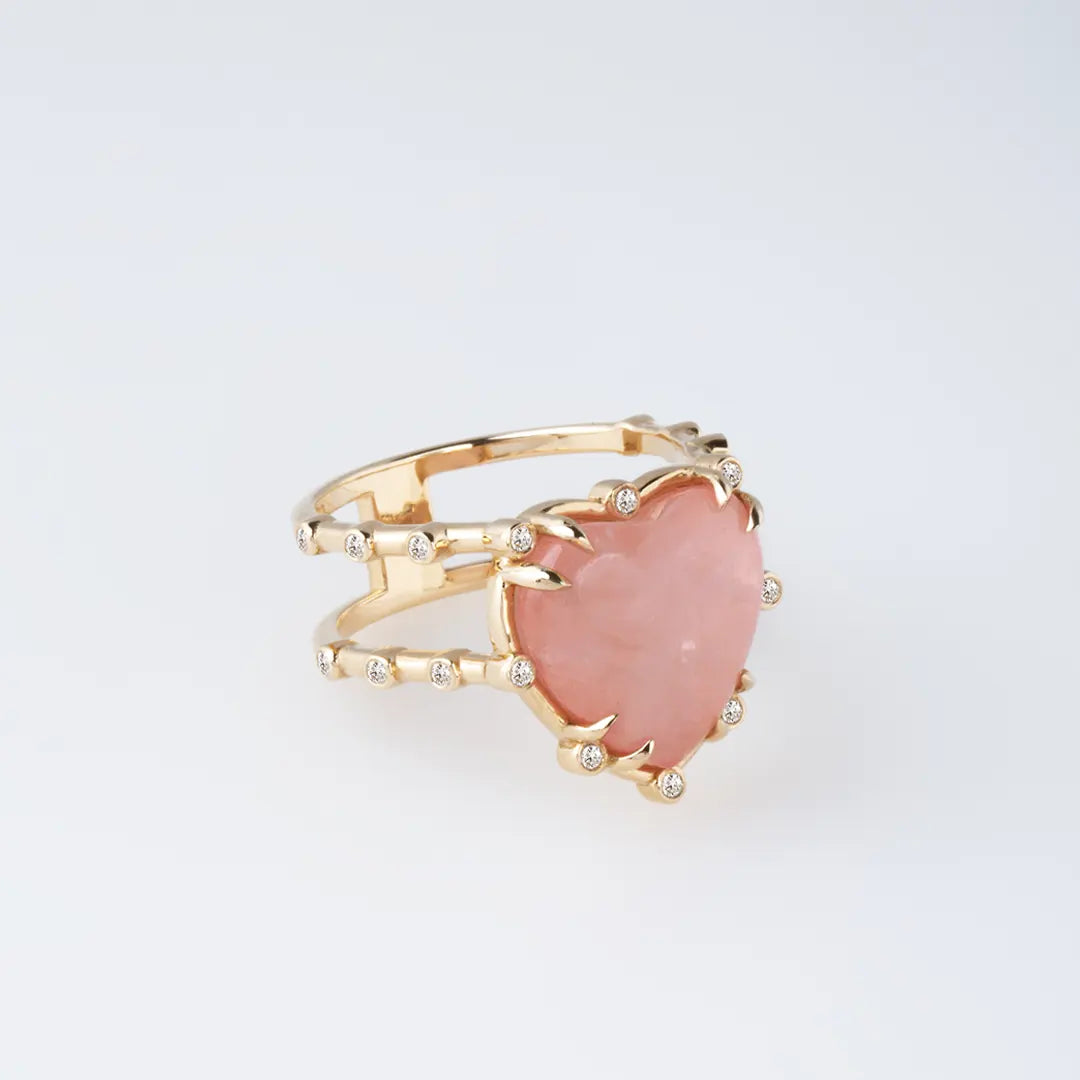 14K Gold Double Band,  Morganite Heart Ring with Diamonds
