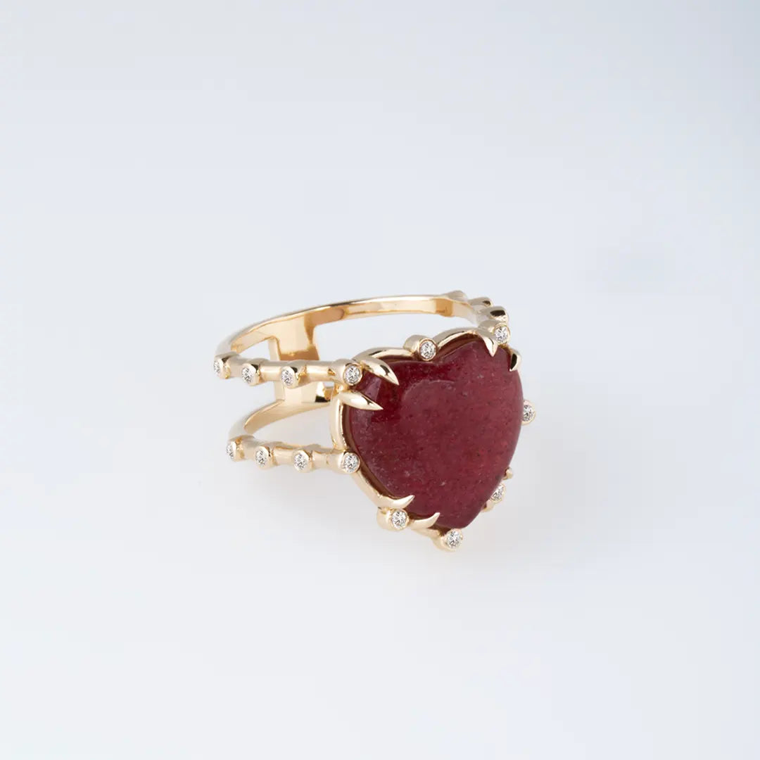 14K Gold Double Band, Strawberry Heart Ring with Diamonds
