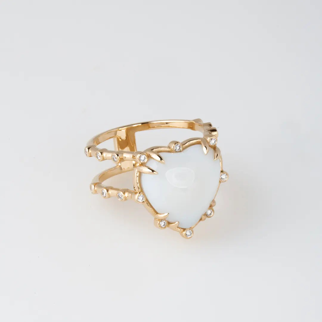 14K Gold Double Band,   White Agate Heart Ring with Diamonds