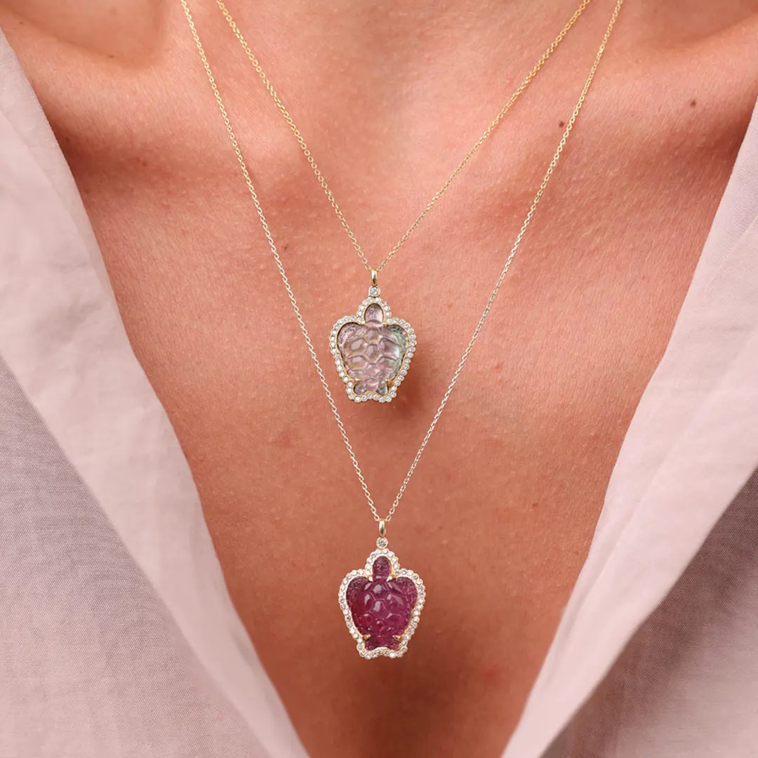 14K Gold Turtle Necklace with Grey Mother of Pearl and Diamonds