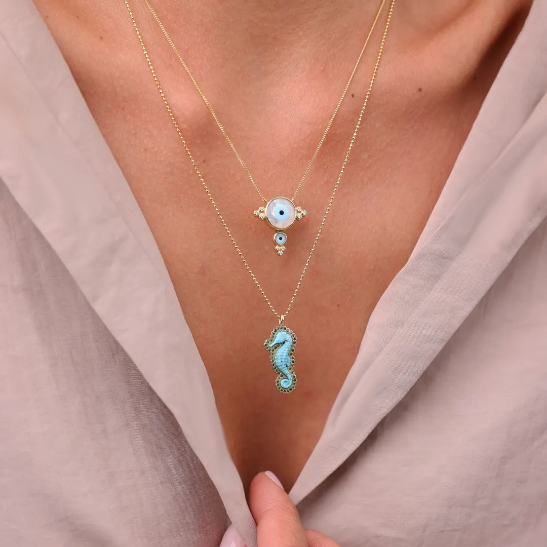 14K Gold Seahorse Necklace with Turquoise and Green Diamonds